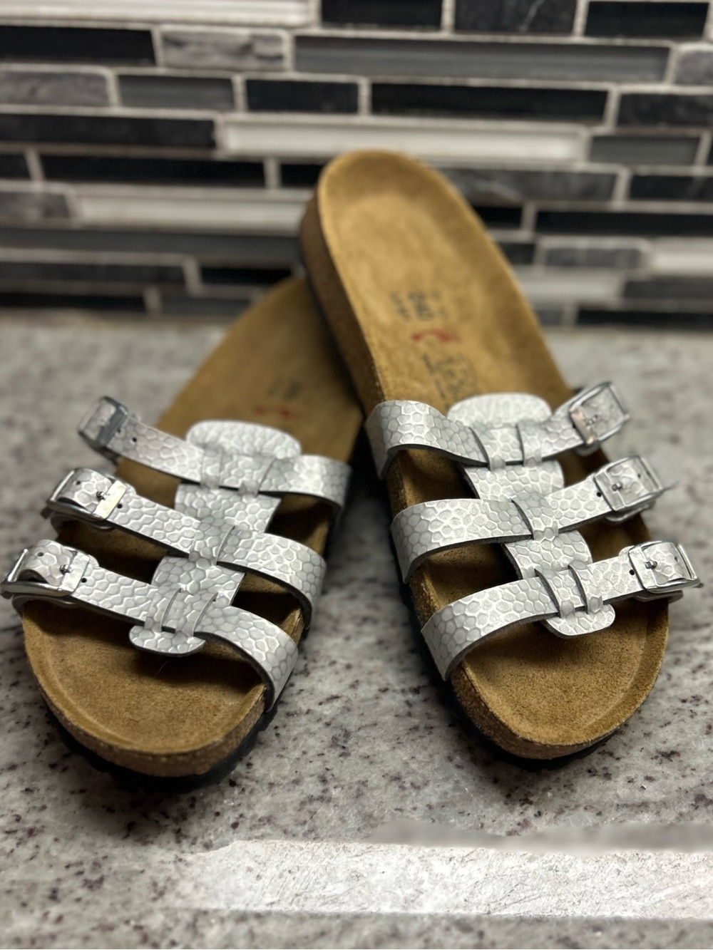 Birkenstock Birkis Xenia Triple-strap Metallic Silver Sandals size 6 narrow NWOB